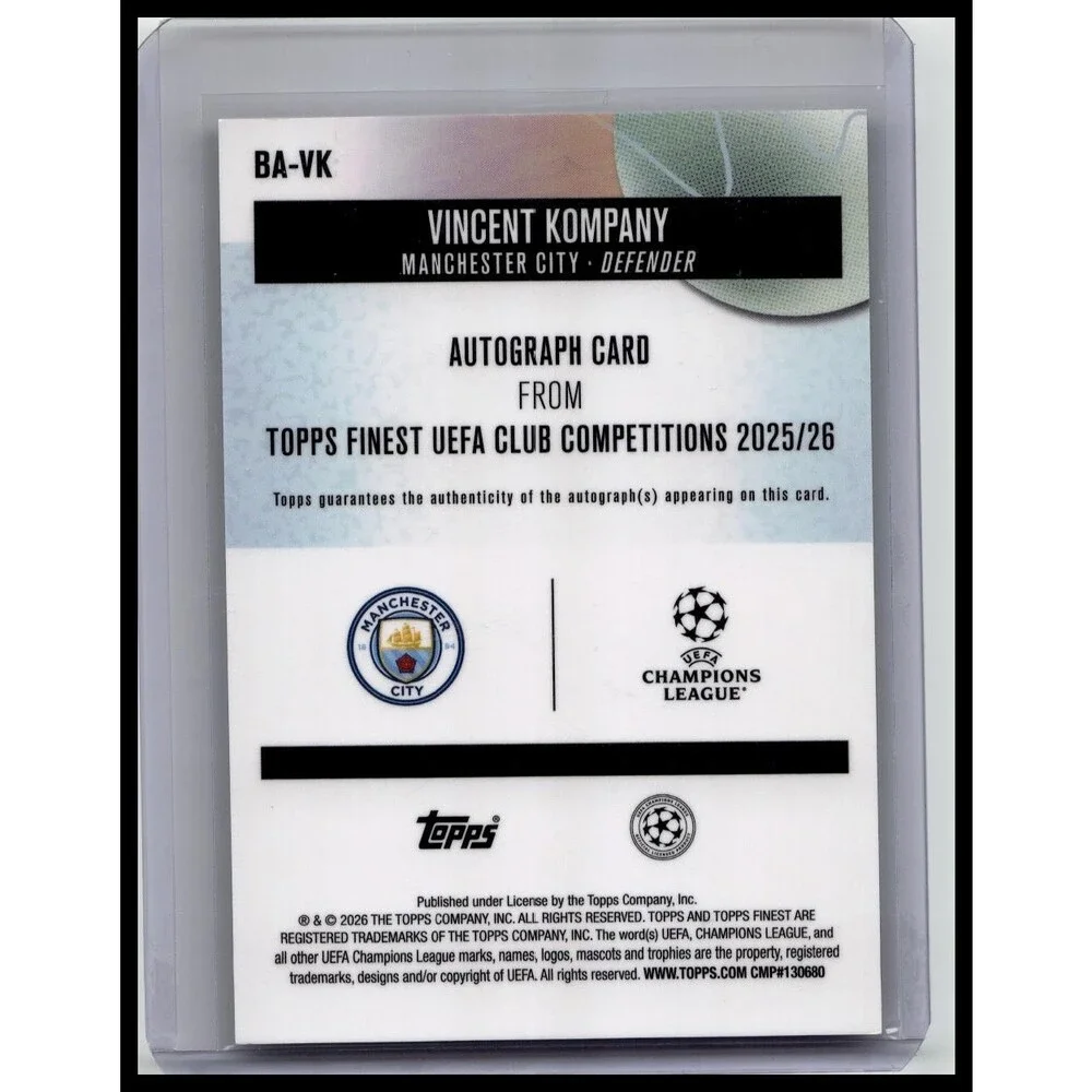 VINCENT KOMPANY 2025-26 Topps Finest UEFA /99 AUTO Green Ref MANCHESTER CITY